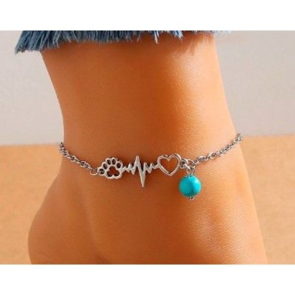 Anklet paw print heartbeat heart with turquoise ball silver